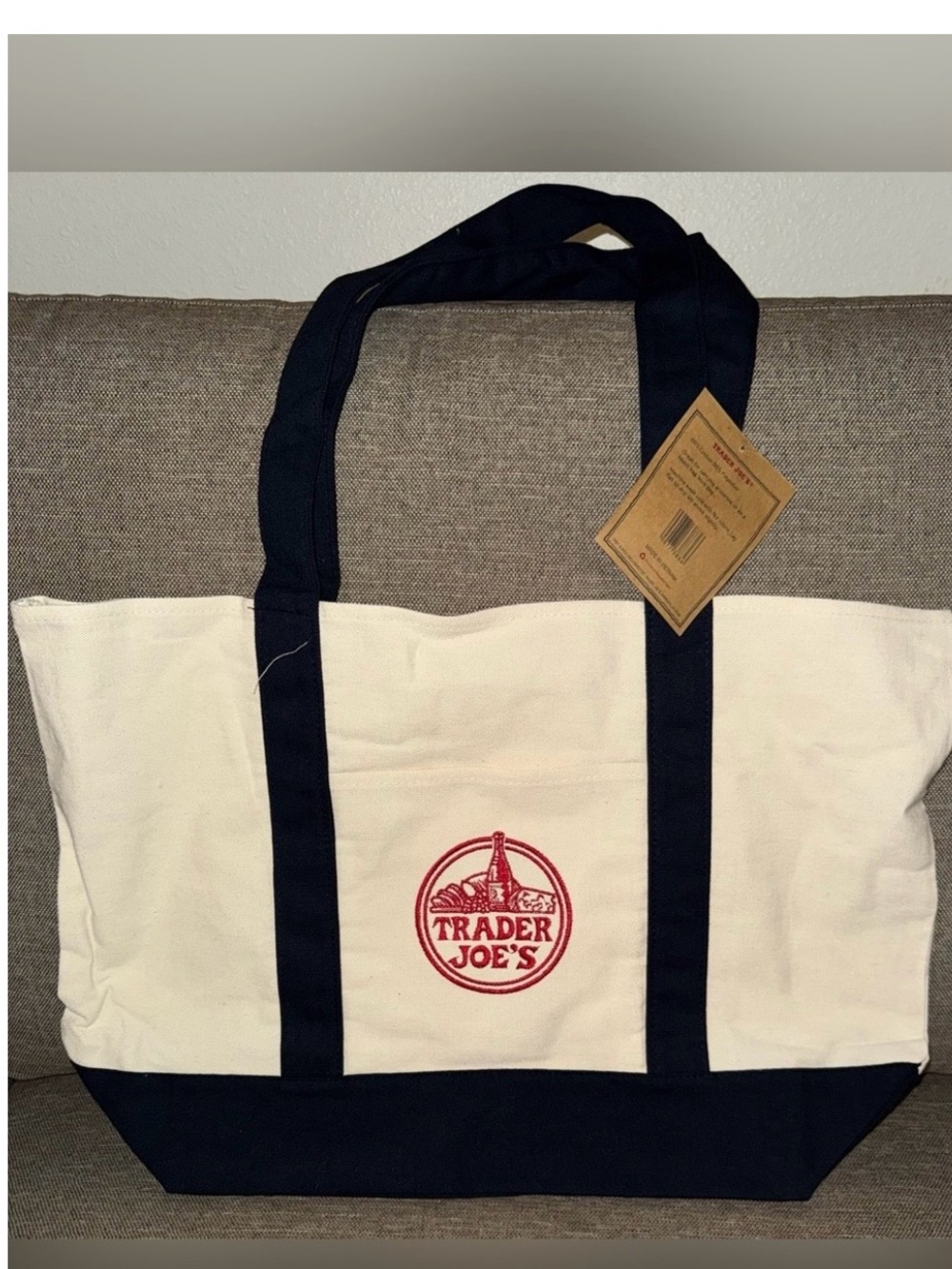 Trader Joe's White and Black Canvas Tote with Red Logo